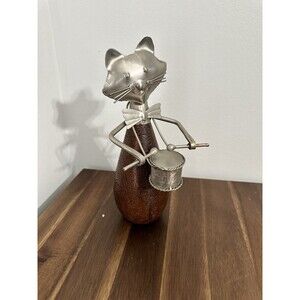 Pier 1 Folk Art Cat Figurine Playing Drums Carved Wood and Silver Metal Decor